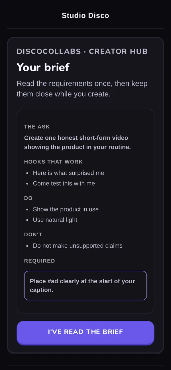 DiscoCollabs one-page brief: the ask, hooks that work, do and don't lists, and a required line to place #ad at the start of the caption.