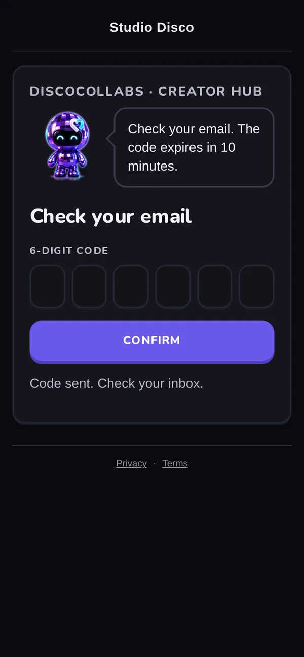 DiscoCollabs creator hub: Check your email, six boxes for a 6-digit code and a Confirm button.