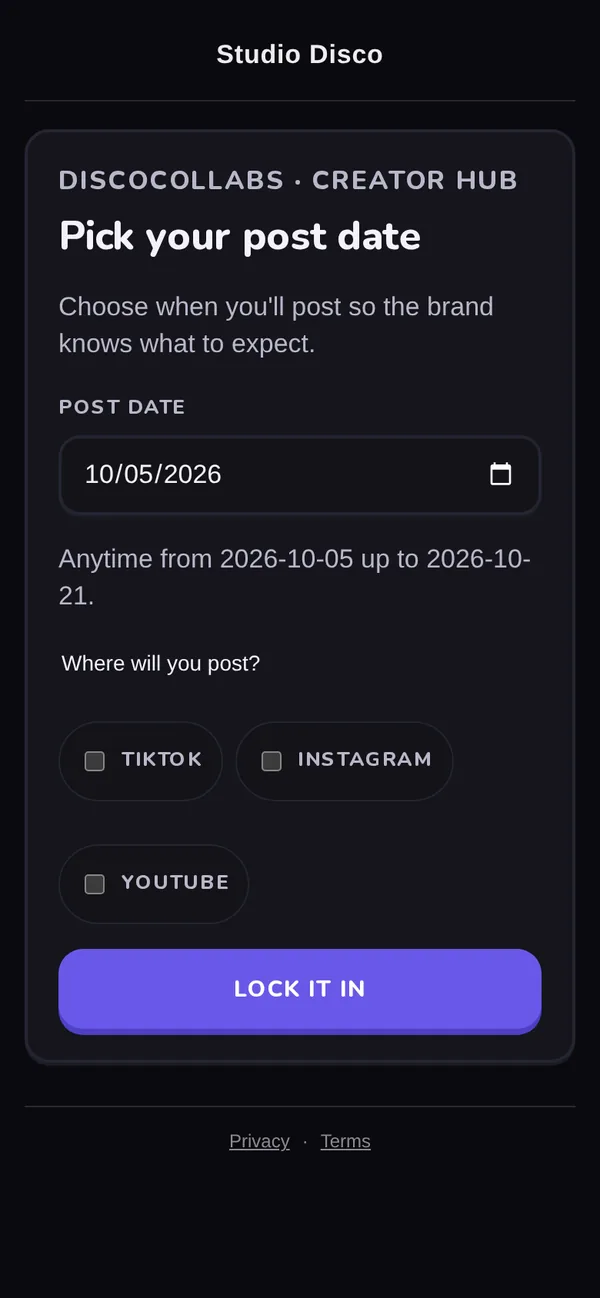 DiscoCollabs creator hub, optional step: Pick your post date, a date picker limited to the brand's window, TikTok, Instagram and YouTube choices, and a Lock it in button.