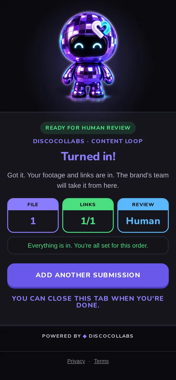 DiscoCollabs submitted screen: Turned in! with tiles for 1 file, 1 of 1 links, and Human review, plus an Add another submission button.