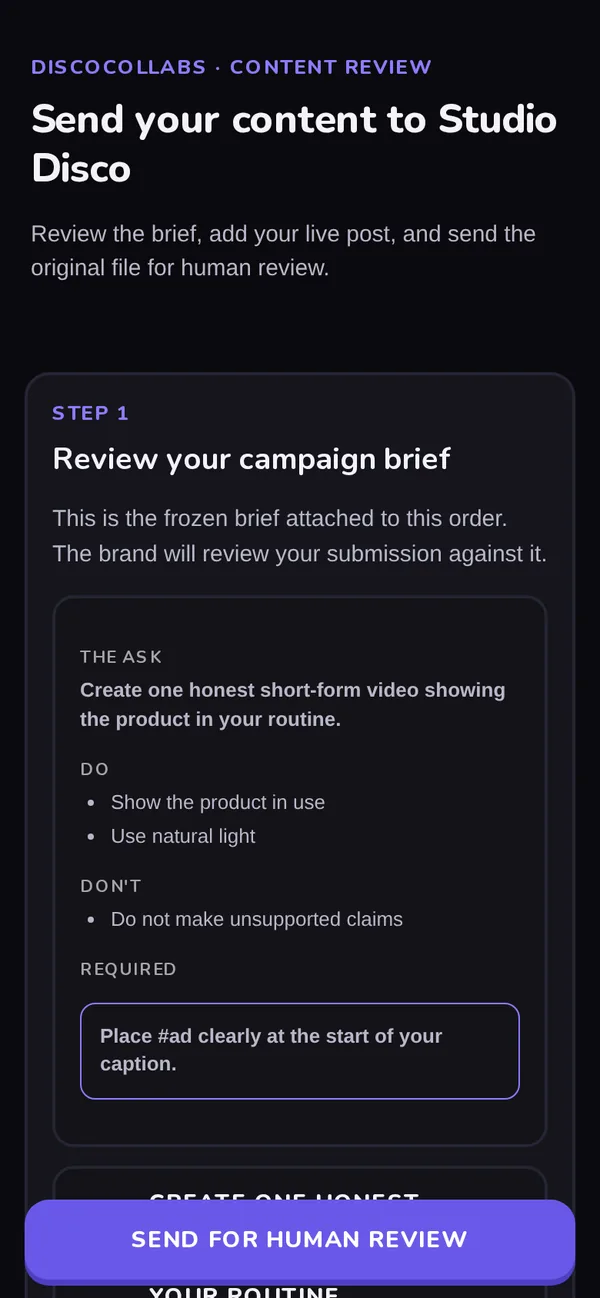 DiscoCollabs turn-in screen: Send your content, step 1 review your campaign brief, with a Send for human review button.
