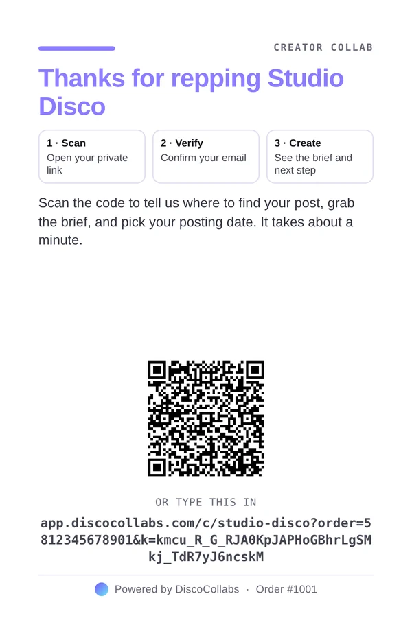 DiscoCollabs printed insert card: Thanks for repping Studio Disco, three steps (scan, verify, create), a short message, a QR code, the full link printed underneath, and Powered by DiscoCollabs with the order number.